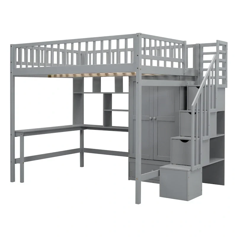 Lit mezzanine en pin avec bureau et rangements