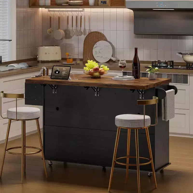 Table îlot mobile 55 avec prise de courant et abattant, chariot de cuisine roulant avec poubelle intégrée pour cuisine