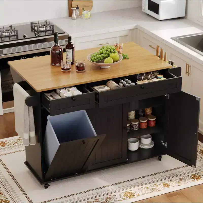 Table îlot mobile 55 avec prise de courant et abattant, chariot de cuisine roulant avec poubelle intégrée pour cuisine
