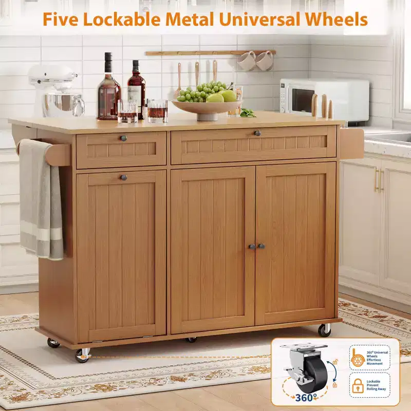 Table îlot mobile 55 avec prise de courant et abattant, chariot de cuisine roulant avec poubelle intégrée pour cuisine
