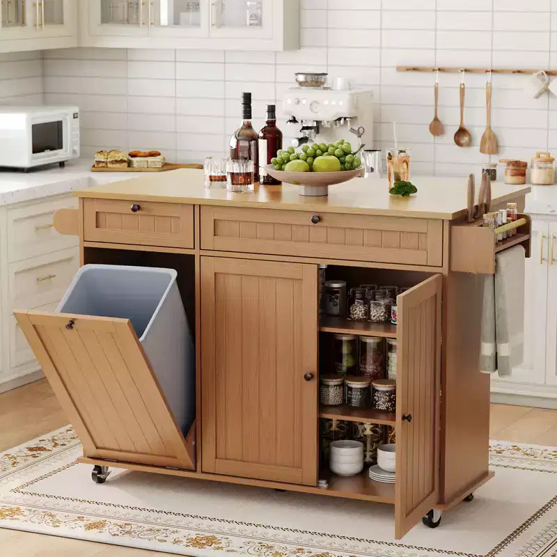 Table îlot mobile 55 avec prise de courant et abattant, chariot de cuisine roulant avec poubelle intégrée pour cuisine