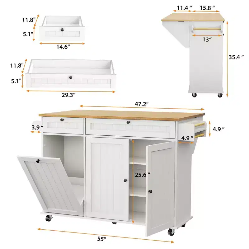 Table îlot mobile 55 avec prise de courant et abattant, chariot de cuisine roulant avec poubelle intégrée pour cuisine