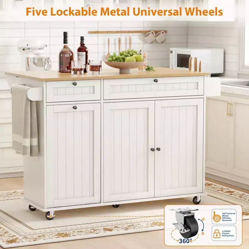 Table îlot mobile 55 avec prise de courant et abattant, chariot de cuisine roulant avec poubelle intégrée pour cuisine