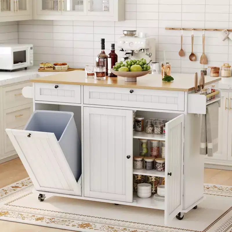 Table îlot mobile 55 avec prise de courant et abattant, chariot de cuisine roulant avec poubelle intégrée pour cuisine