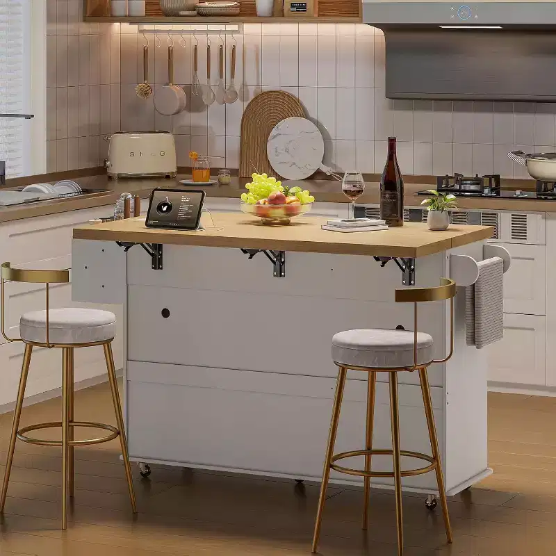 Table îlot mobile 55 avec prise de courant et abattant, chariot de cuisine roulant avec poubelle intégrée pour cuisine