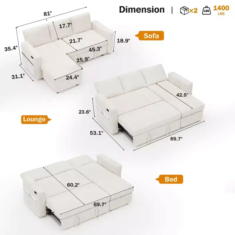 Canapé-lit sectionnel Dyonery 81, canapé-lit escamotable en forme de L avec méridienne de rangement réversible, USB, dossier inclinable