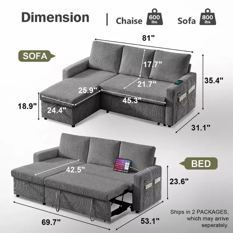 Canapé-lit sectionnel Dyonery 81, canapé-lit escamotable en forme de L avec méridienne de rangement réversible, USB, dossier inclinable