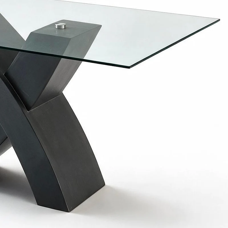 Tavolo fisso con piano in vetro e gambe incrociate effetto legno nero 150x90x76H Duncan
