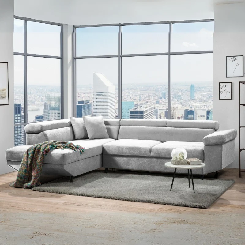 Divano angolare letto estraibile e penisola contenitore sinistra colore grigio chiaro Ronda80 297x206x77H Denver