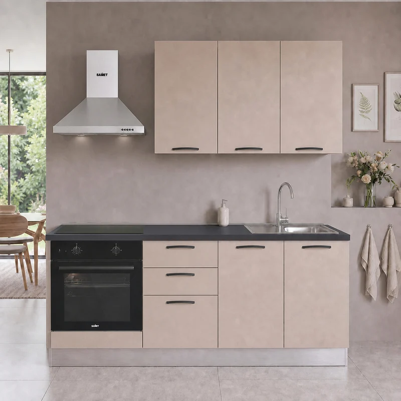 Cucina completa con elettrodomestici e piano induzione colore cashmere Taurusnew 195 cm Industrie Valentini