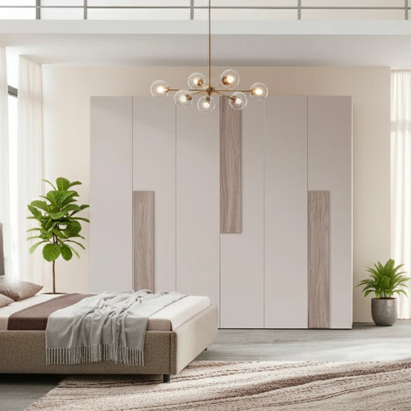 Camera da letto con letto contenitore e armadio 6 ante grigio chiaro e vanguard Malena