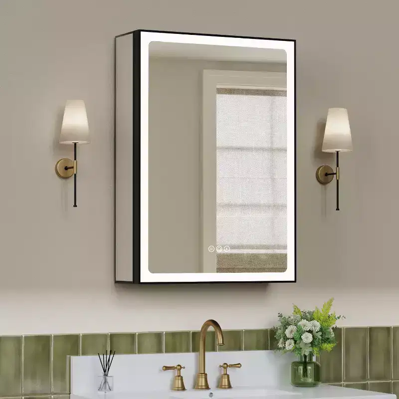 Armoire de toilette avec miroir LED, montage en saillie ou encastré, lumière dimmable, anti-buée, étagères réglables