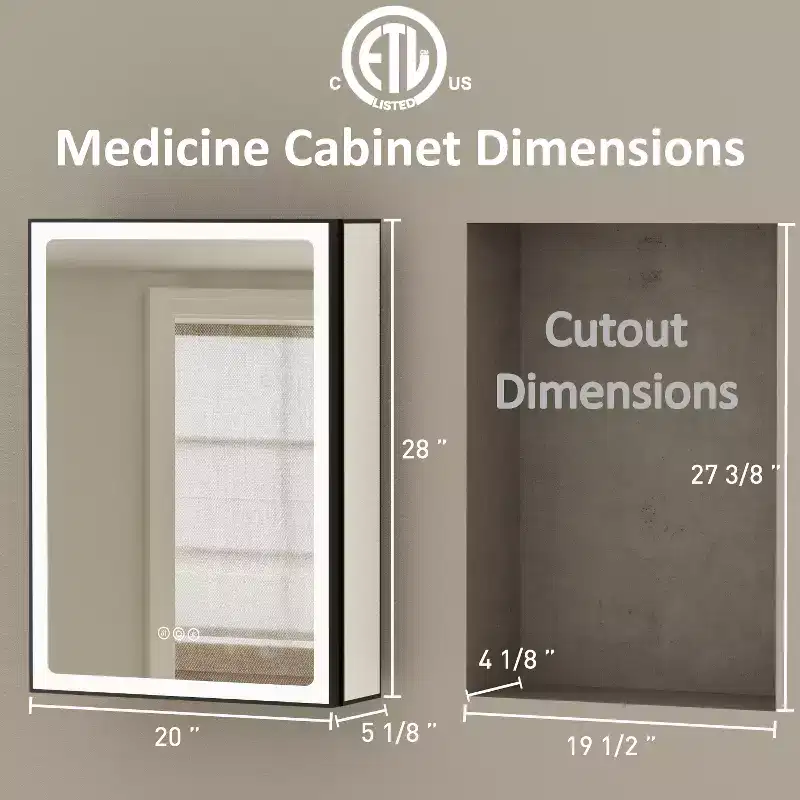 Armoire de toilette avec miroir LED, montage en saillie ou encastré, lumière dimmable, anti-buée, étagères réglables