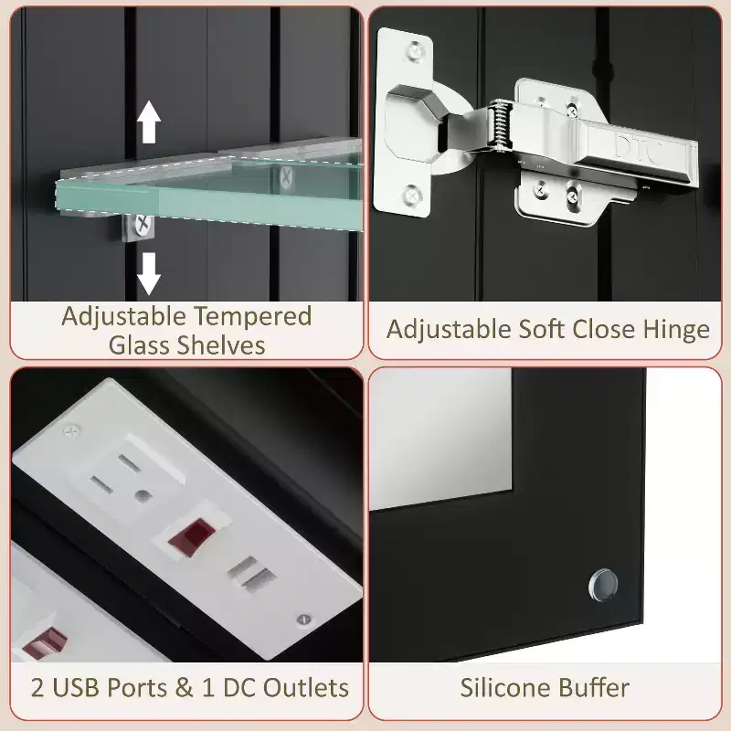 Armoire de toilette avec miroir LED, montage en saillie ou encastré, lumière dimmable, anti-buée, étagères réglables