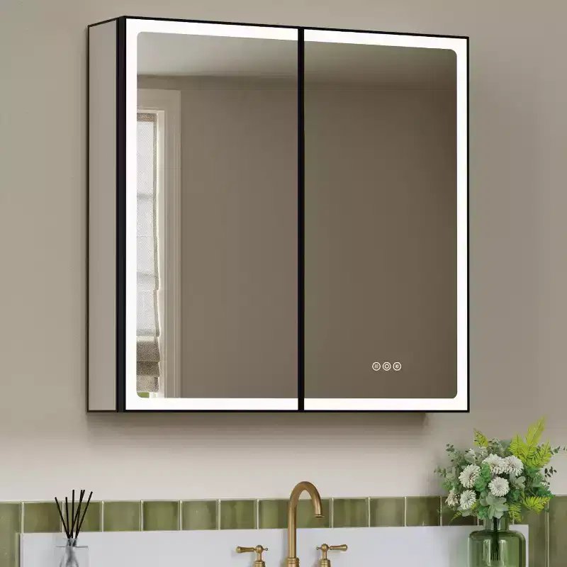 Armoire de toilette avec miroir LED, montage en saillie ou encastré, lumière dimmable, anti-buée, étagères réglables