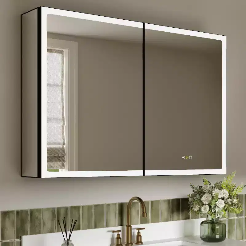 Armoire de toilette avec miroir LED, montage en saillie ou encastré, lumière dimmable, anti-buée, étagères réglables