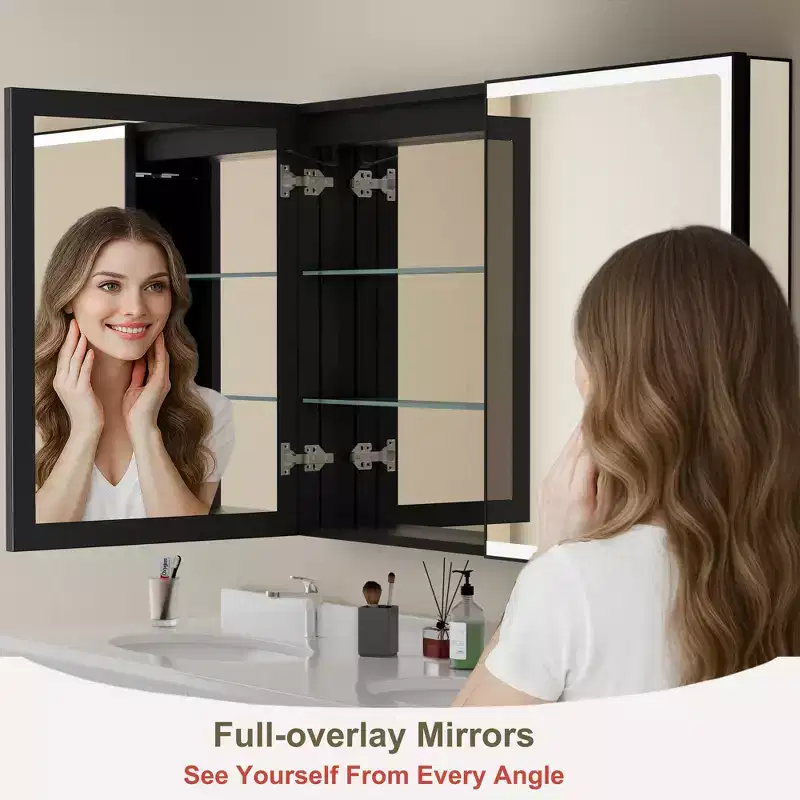 Armoire de toilette avec miroir LED, montage en saillie ou encastré, lumière dimmable, anti-buée, étagères réglables