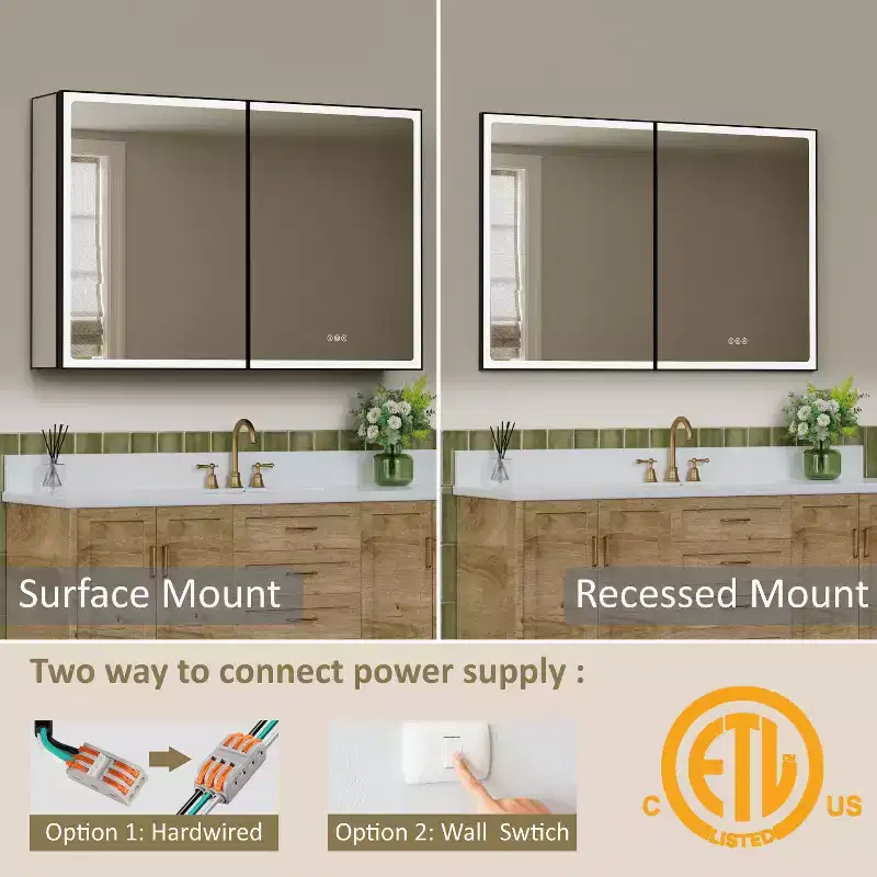 Armoire de toilette avec miroir LED, montage en saillie ou encastré, lumière dimmable, anti-buée, étagères réglables