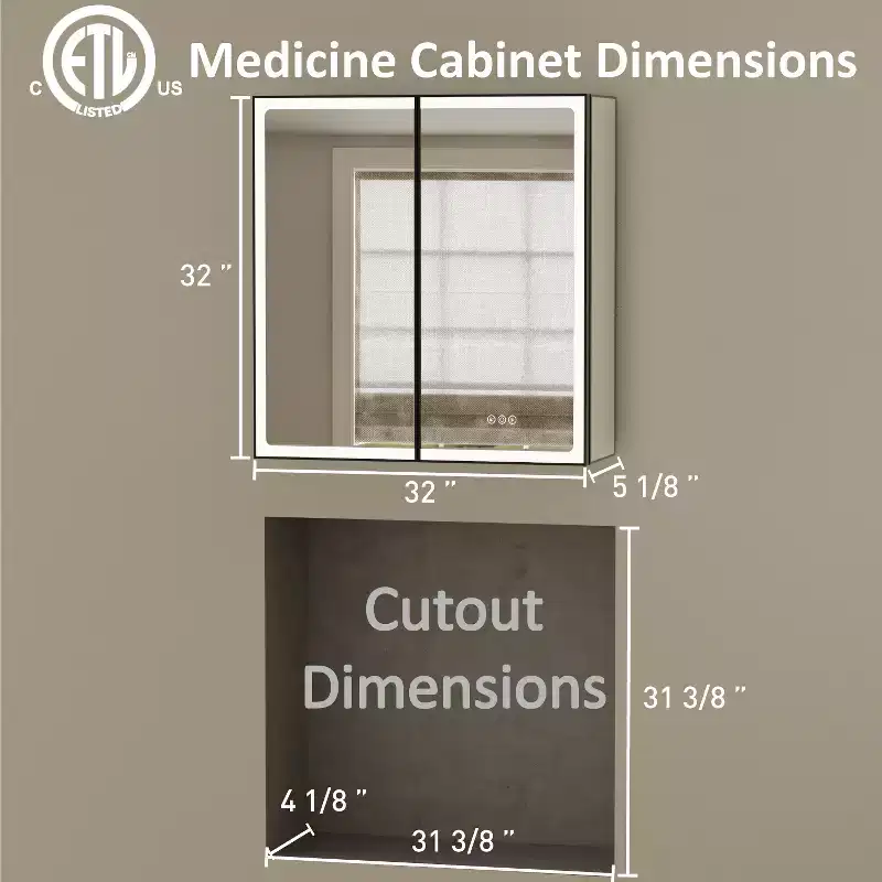 Armoire de toilette avec miroir LED, montage en saillie ou encastré, lumière dimmable, anti-buée, étagères réglables