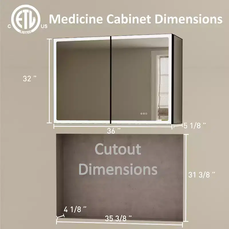 Armoire de toilette avec miroir LED, montage en saillie ou encastré, lumière dimmable, anti-buée, étagères réglables