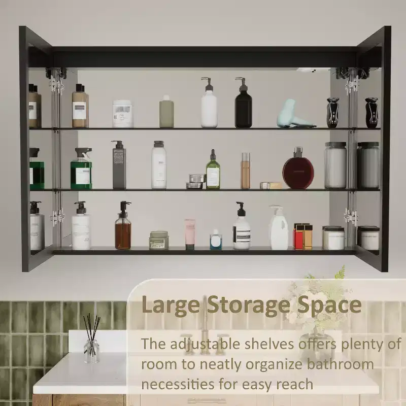 Armoire de toilette avec miroir LED, montage en saillie ou encastré, lumière dimmable, anti-buée, étagères réglables