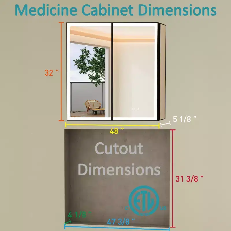 Armoire de toilette avec miroir LED, montage en saillie ou encastré, lumière dimmable, anti-buée, étagères réglables