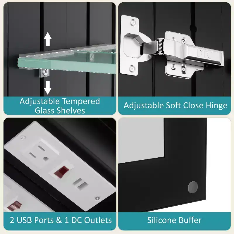 Armoire de toilette avec miroir LED, montage en saillie ou encastré, lumière dimmable, anti-buée, étagères réglables