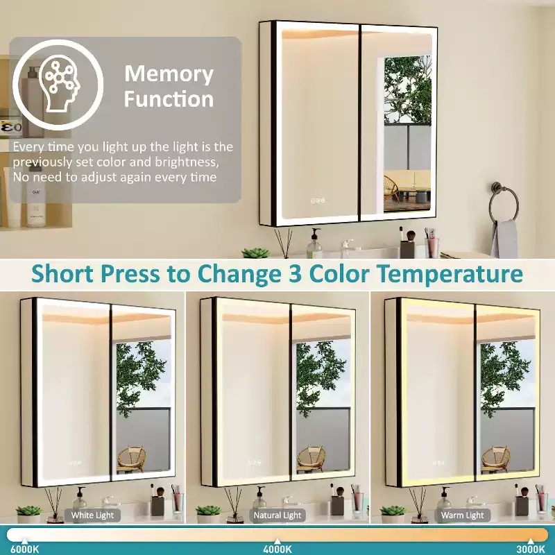 Armoire de toilette avec miroir LED, montage en saillie ou encastré, lumière dimmable, anti-buée, étagères réglables