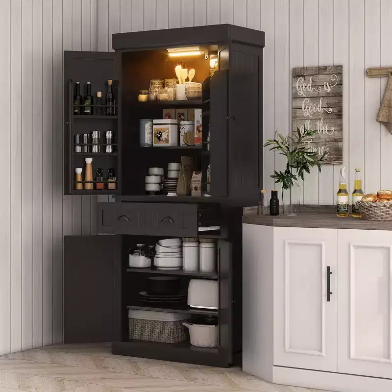 Garde-manger de cuisine de 71 po avec lumières DEL, 6 tablettes de porte, un tiroir et 4 tablettes réglables