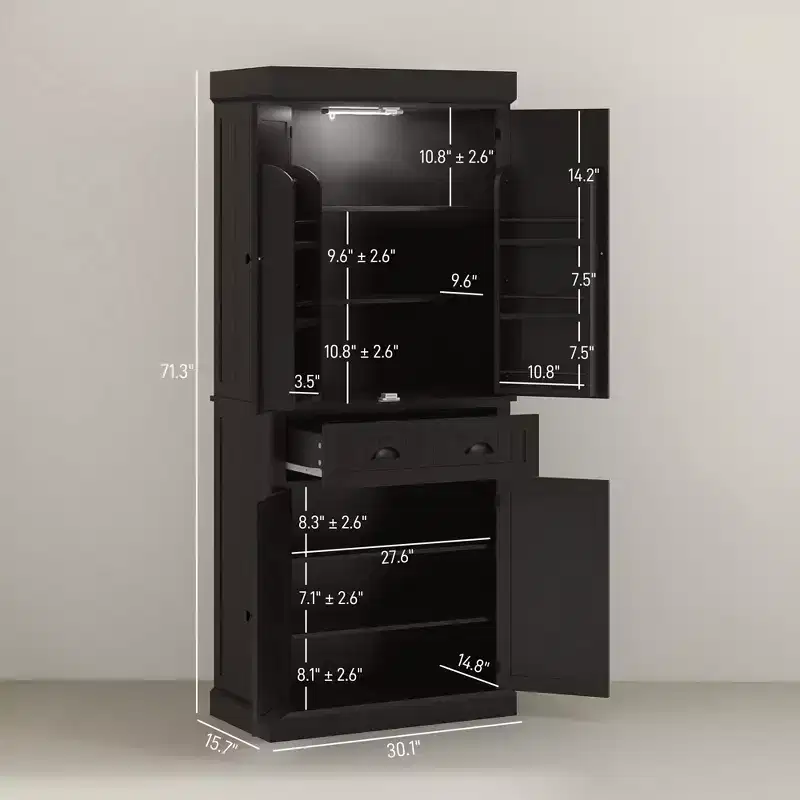 Garde-manger de cuisine de 71 po avec lumières DEL, 6 tablettes de porte, un tiroir et 4 tablettes réglables