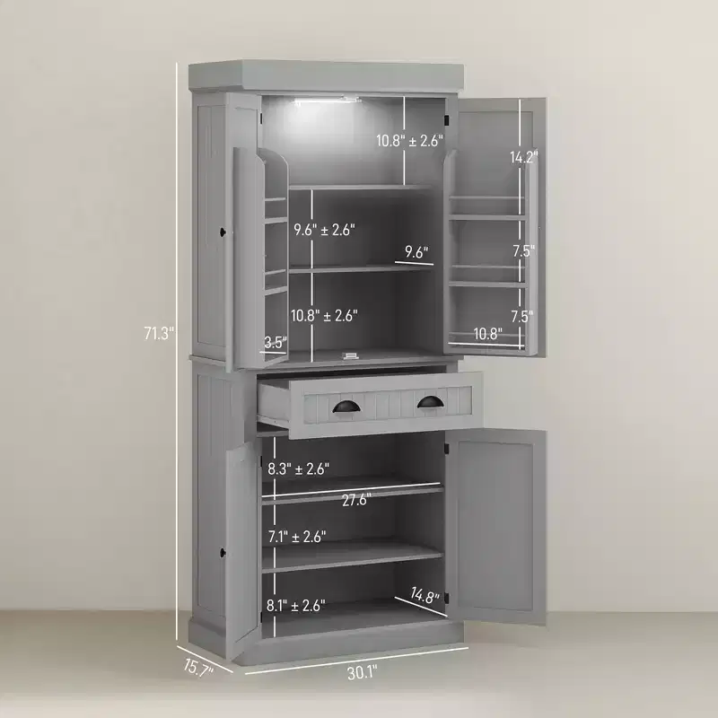 Garde-manger de cuisine de 71 po avec lumières DEL, 6 tablettes de porte, un tiroir et 4 tablettes réglables