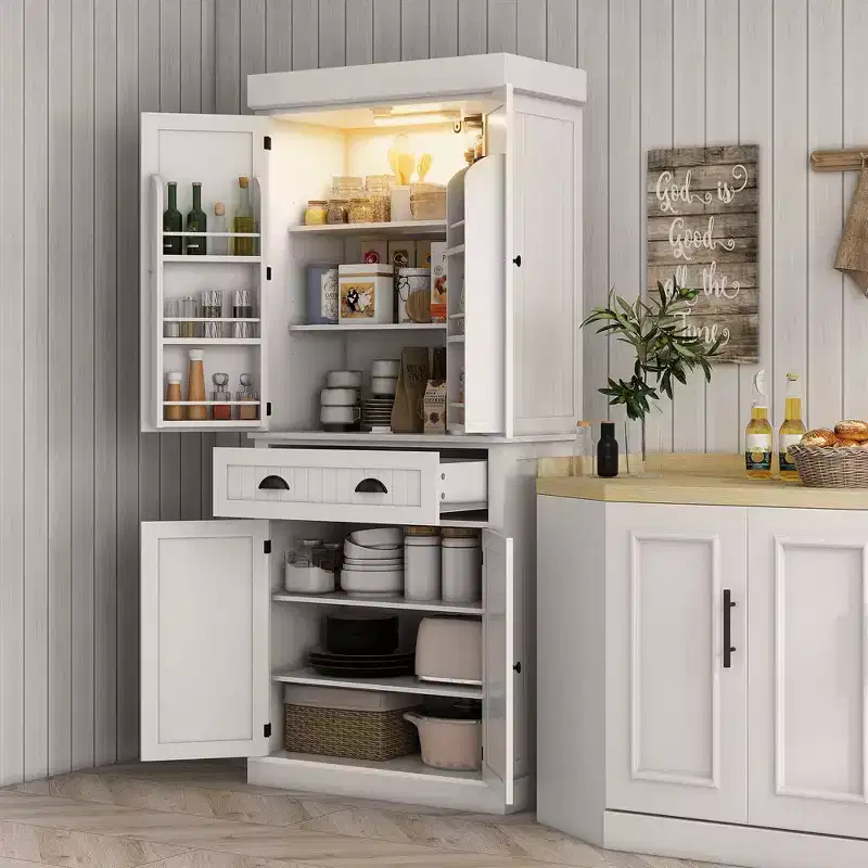 Garde-manger de cuisine de 71 po avec lumières DEL, 6 tablettes de porte, un tiroir et 4 tablettes réglables