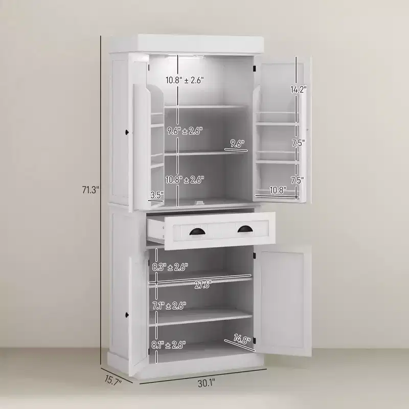 Garde-manger de cuisine de 71 po avec lumières DEL, 6 tablettes de porte, un tiroir et 4 tablettes réglables