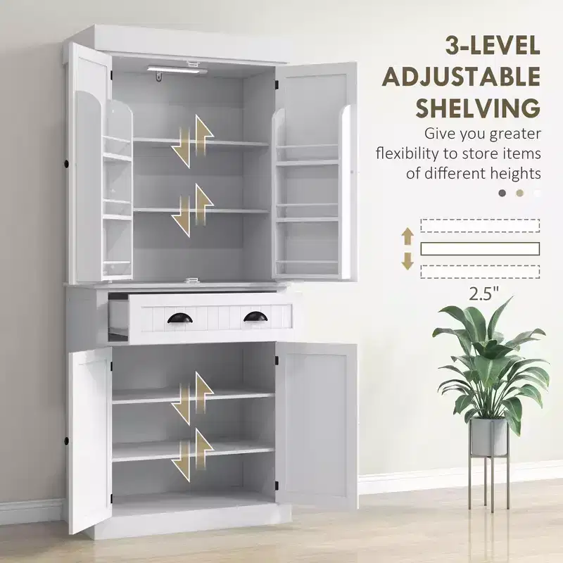 Garde-manger de cuisine de 71 po avec lumières DEL, 6 tablettes de porte, un tiroir et 4 tablettes réglables