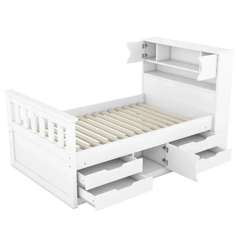 Lit plateforme capitaine double/grand avec 4 tiroirs et étagères de rangement, cadre de lit en bois massif avec tête de lit bibliothèque de rangement