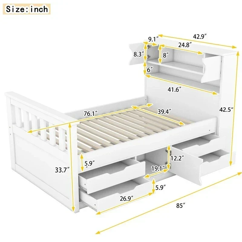 Lit plateforme capitaine double/grand avec 4 tiroirs et étagères de rangement, cadre de lit en bois massif avec tête de lit bibliothèque de rangement