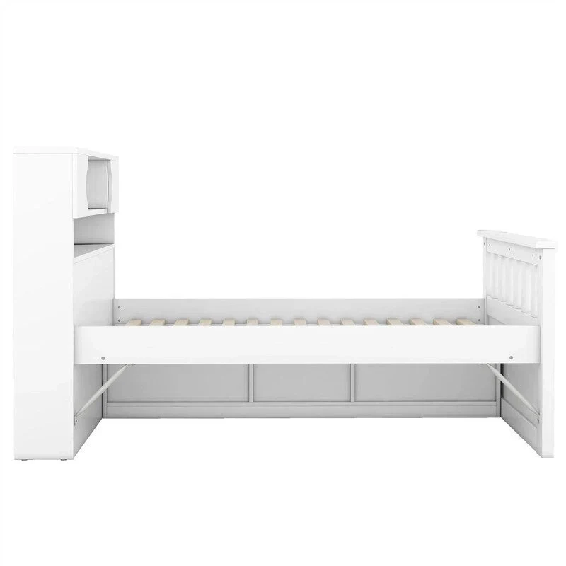 Lit plateforme capitaine double/grand avec 4 tiroirs et étagères de rangement, cadre de lit en bois massif avec tête de lit bibliothèque de rangement