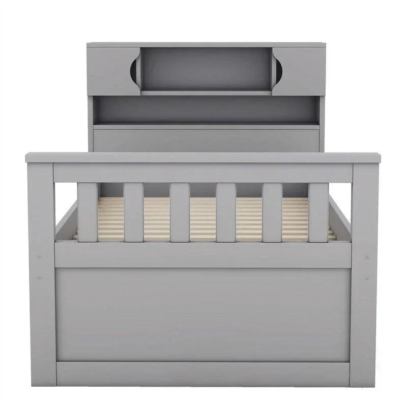 Lit plateforme capitaine double/grand avec 4 tiroirs et étagères de rangement, cadre de lit en bois massif avec tête de lit bibliothèque de rangement