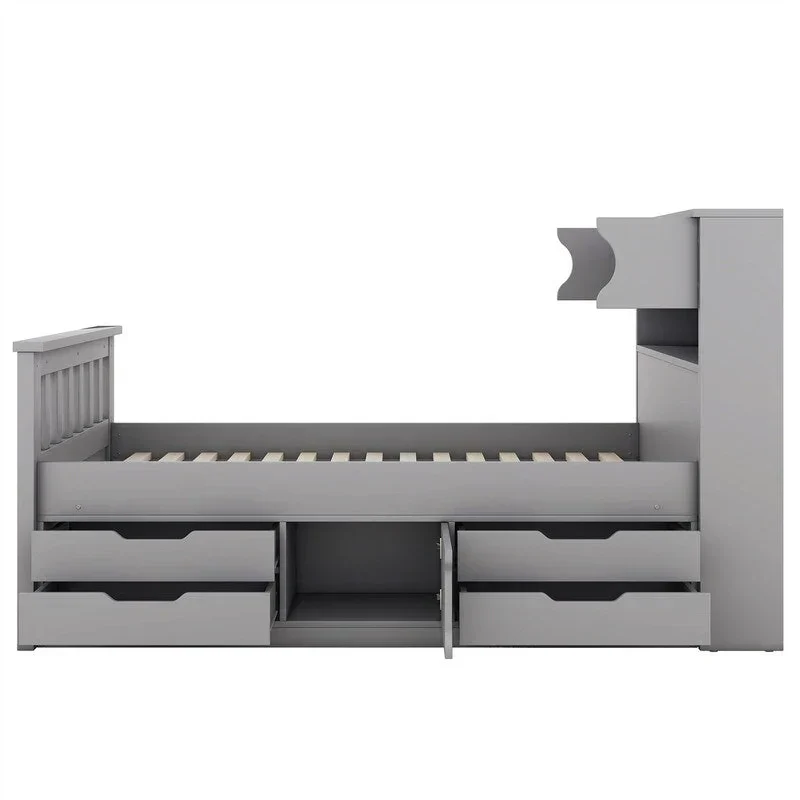 Lit plateforme capitaine double/grand avec 4 tiroirs et étagères de rangement, cadre de lit en bois massif avec tête de lit bibliothèque de rangement