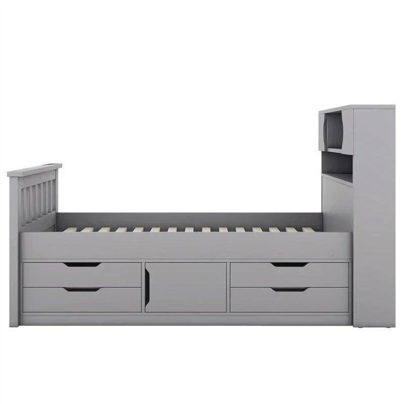 Lit plateforme capitaine double/grand avec 4 tiroirs et étagères de rangement, cadre de lit en bois massif avec tête de lit bibliothèque de rangement