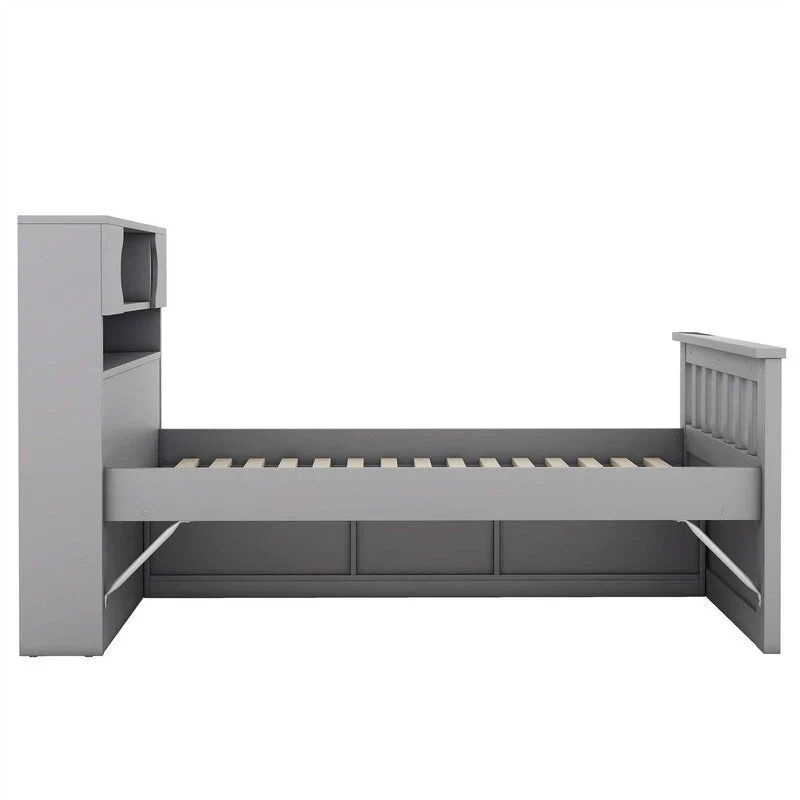 Lit plateforme capitaine double/grand avec 4 tiroirs et étagères de rangement, cadre de lit en bois massif avec tête de lit bibliothèque de rangement
