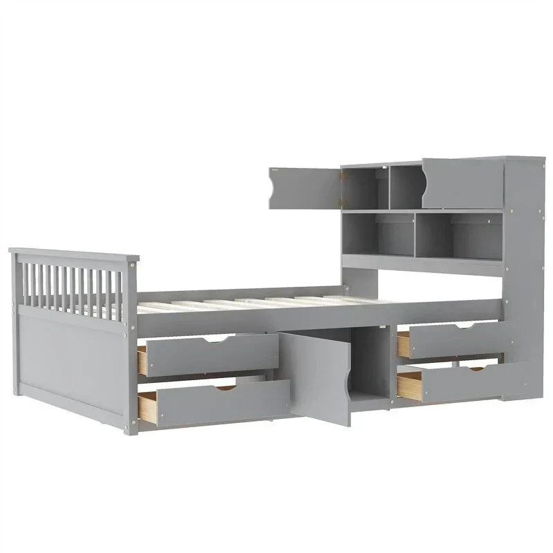 Lit plateforme capitaine double/grand avec 4 tiroirs et étagères de rangement, cadre de lit en bois massif avec tête de lit bibliothèque de rangement