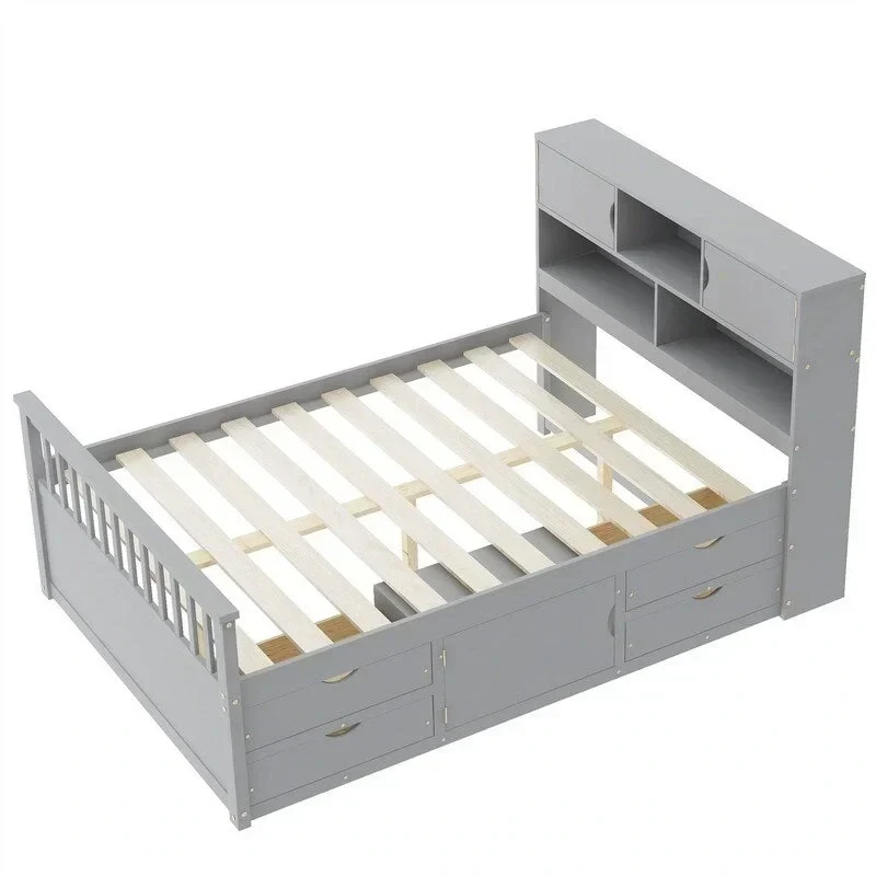 Lit plateforme capitaine double/grand avec 4 tiroirs et étagères de rangement, cadre de lit en bois massif avec tête de lit bibliothèque de rangement