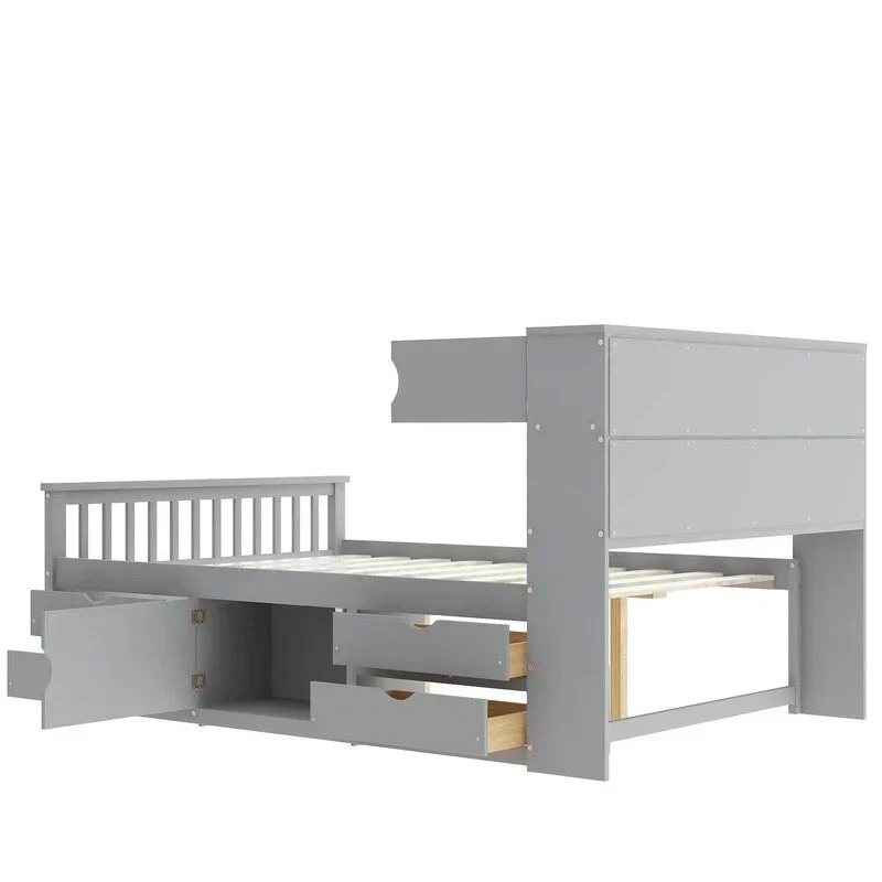 Lit plateforme capitaine double/grand avec 4 tiroirs et étagères de rangement, cadre de lit en bois massif avec tête de lit bibliothèque de rangement
