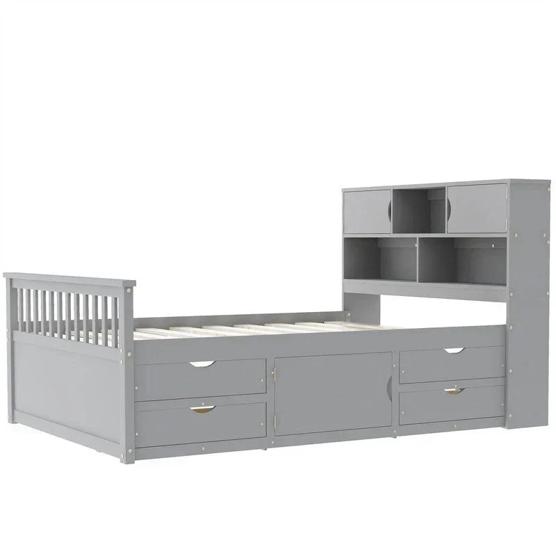 Lit plateforme capitaine double/grand avec 4 tiroirs et étagères de rangement, cadre de lit en bois massif avec tête de lit bibliothèque de rangement
