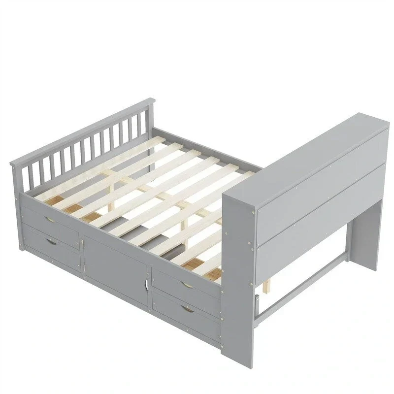 Lit plateforme capitaine double/grand avec 4 tiroirs et étagères de rangement, cadre de lit en bois massif avec tête de lit bibliothèque de rangement