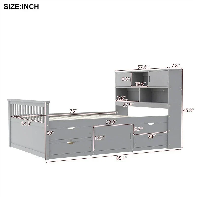 Lit plateforme capitaine double/grand avec 4 tiroirs et étagères de rangement, cadre de lit en bois massif avec tête de lit bibliothèque de rangement