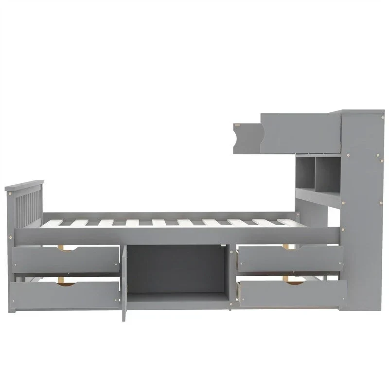 Lit plateforme capitaine double/grand avec 4 tiroirs et étagères de rangement, cadre de lit en bois massif avec tête de lit bibliothèque de rangement