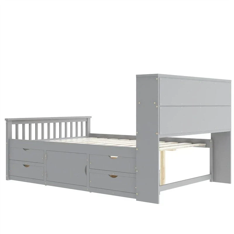 Lit plateforme capitaine double/grand avec 4 tiroirs et étagères de rangement, cadre de lit en bois massif avec tête de lit bibliothèque de rangement