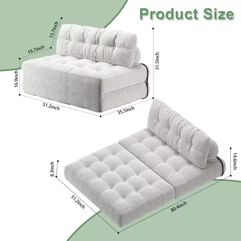 Canapé-lit futon pliant entièrement en velours côtelé, chaise de couchage convertible au sol avec oreiller et dossier